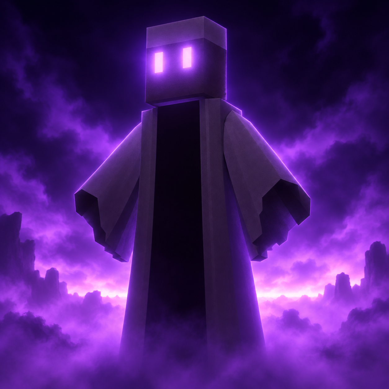 A glowing blocky Spawnist figure in violet mist